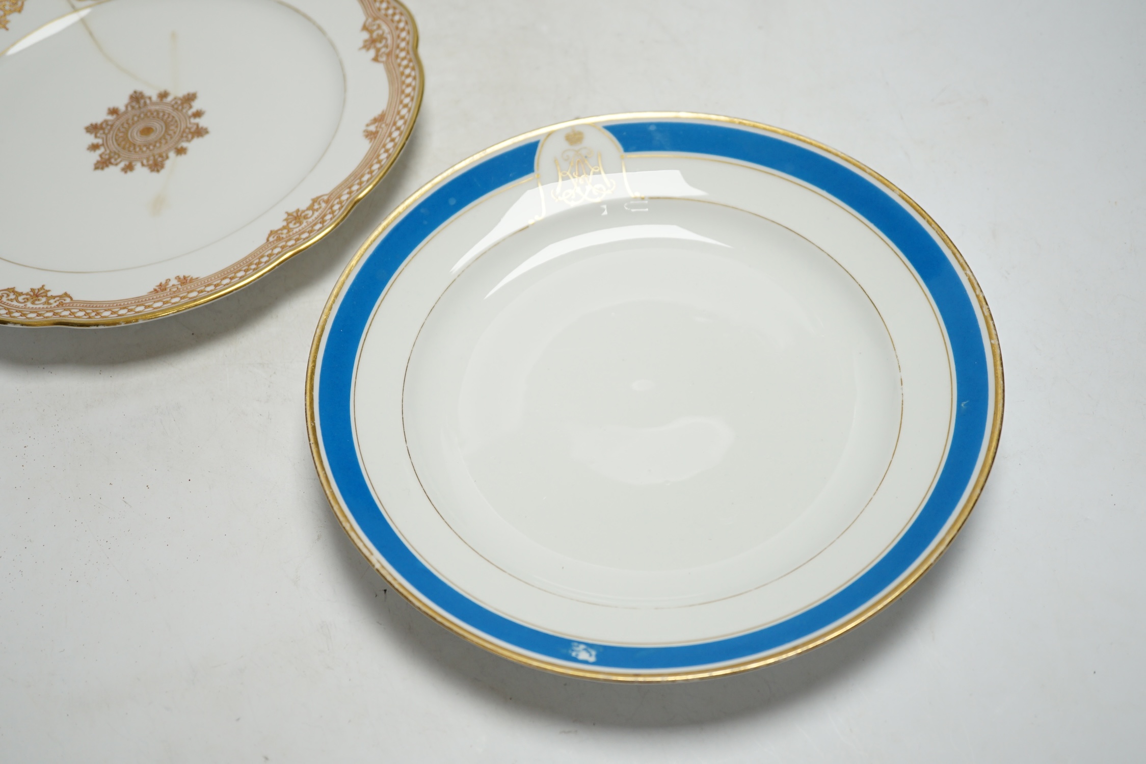 Russian interest- A Grand Duchess Kazenia plate and a Coronation Service Alexander II plate, largest 25cm (a.f.)